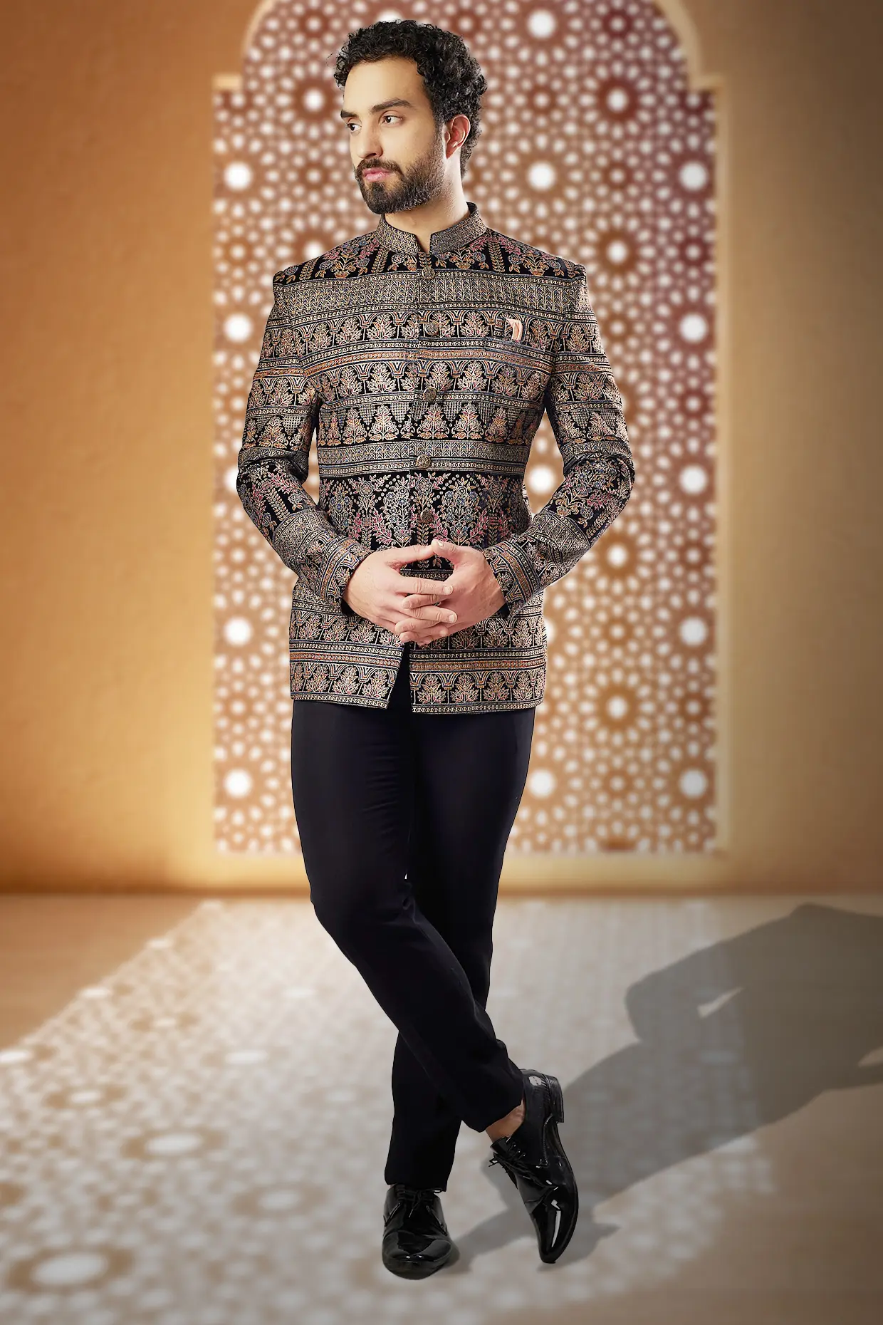 Patterned jodhpuri jacket with tailored trousers