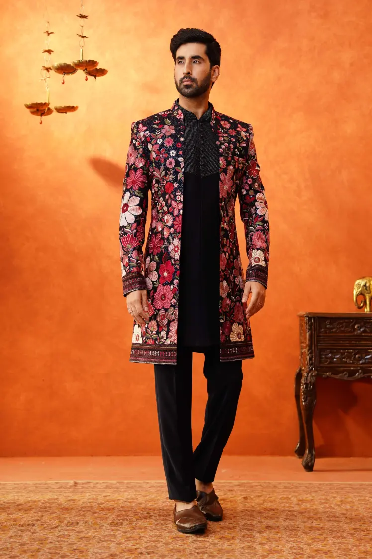 Floral Indo Western jacket with black kurta
