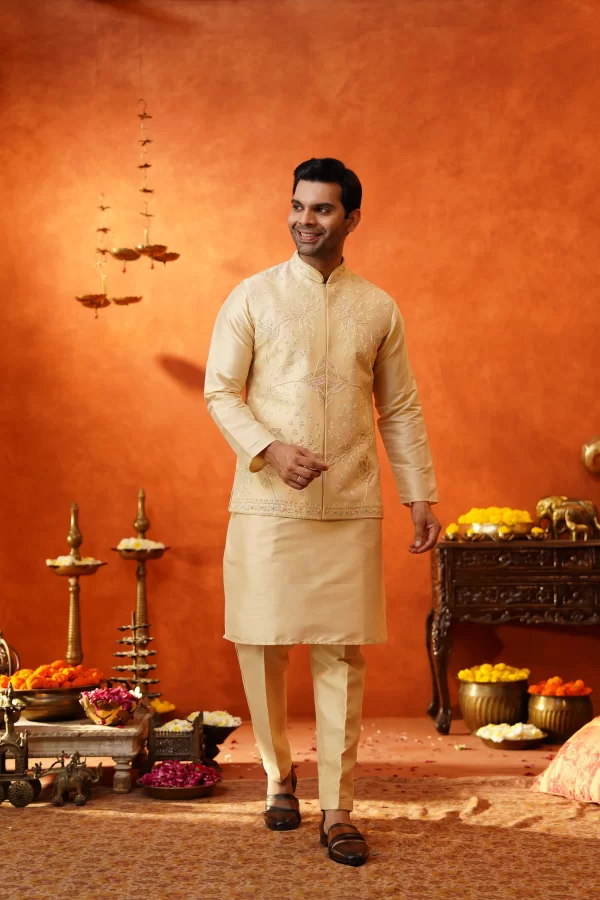 Ivory festive kurta set styled for celebrations
