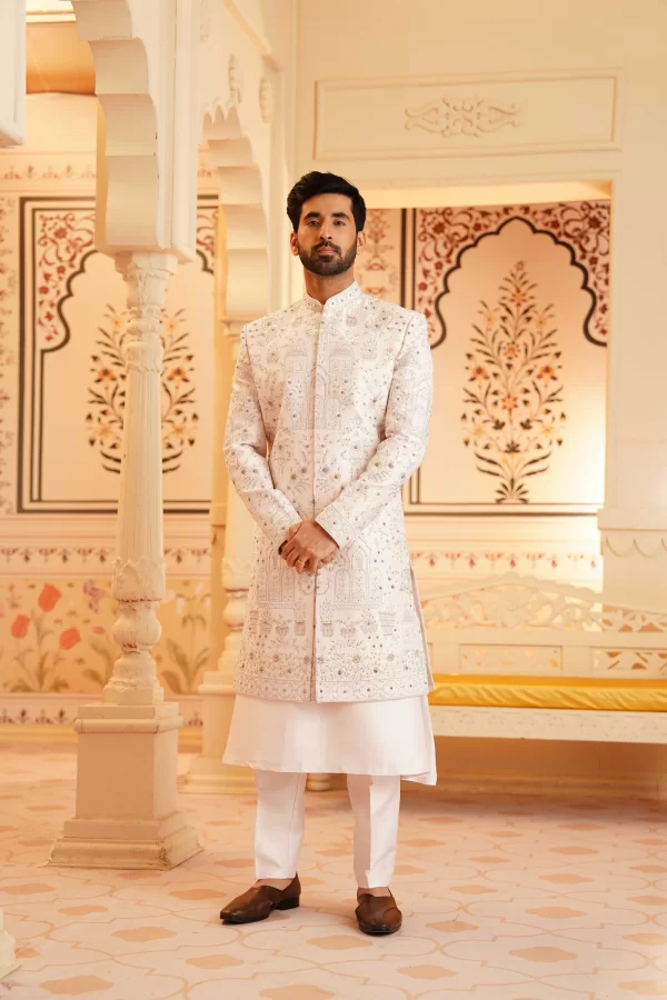 Pearl sherwani with detailed embroidery