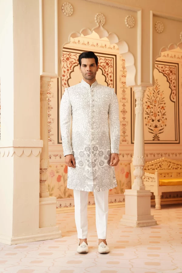 White ceremonial sherwani with tonal detailing
